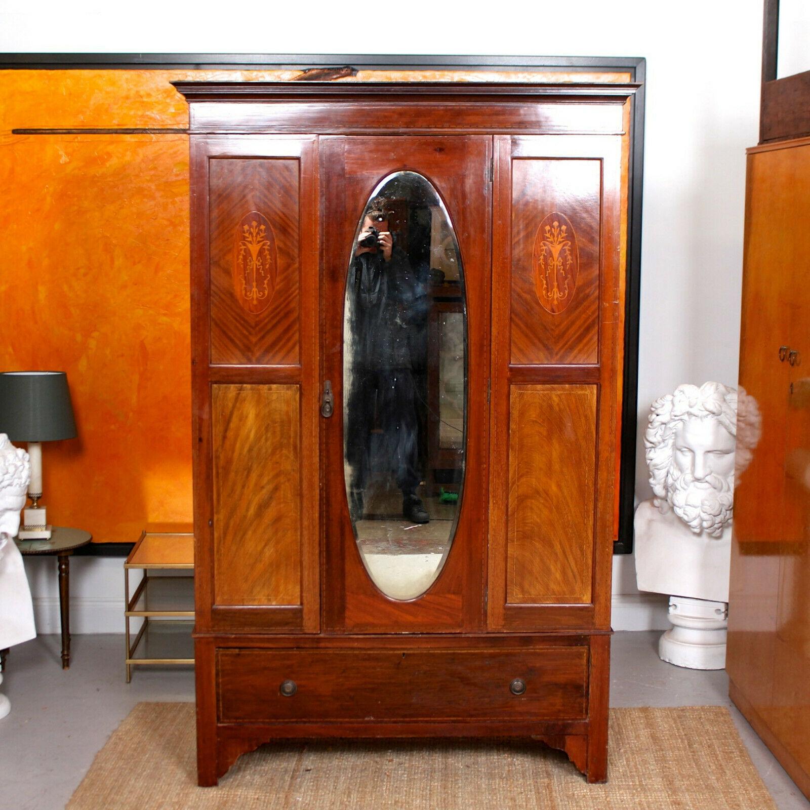 English Edwardian Wardrobe Mahogany Mirrored Armoire