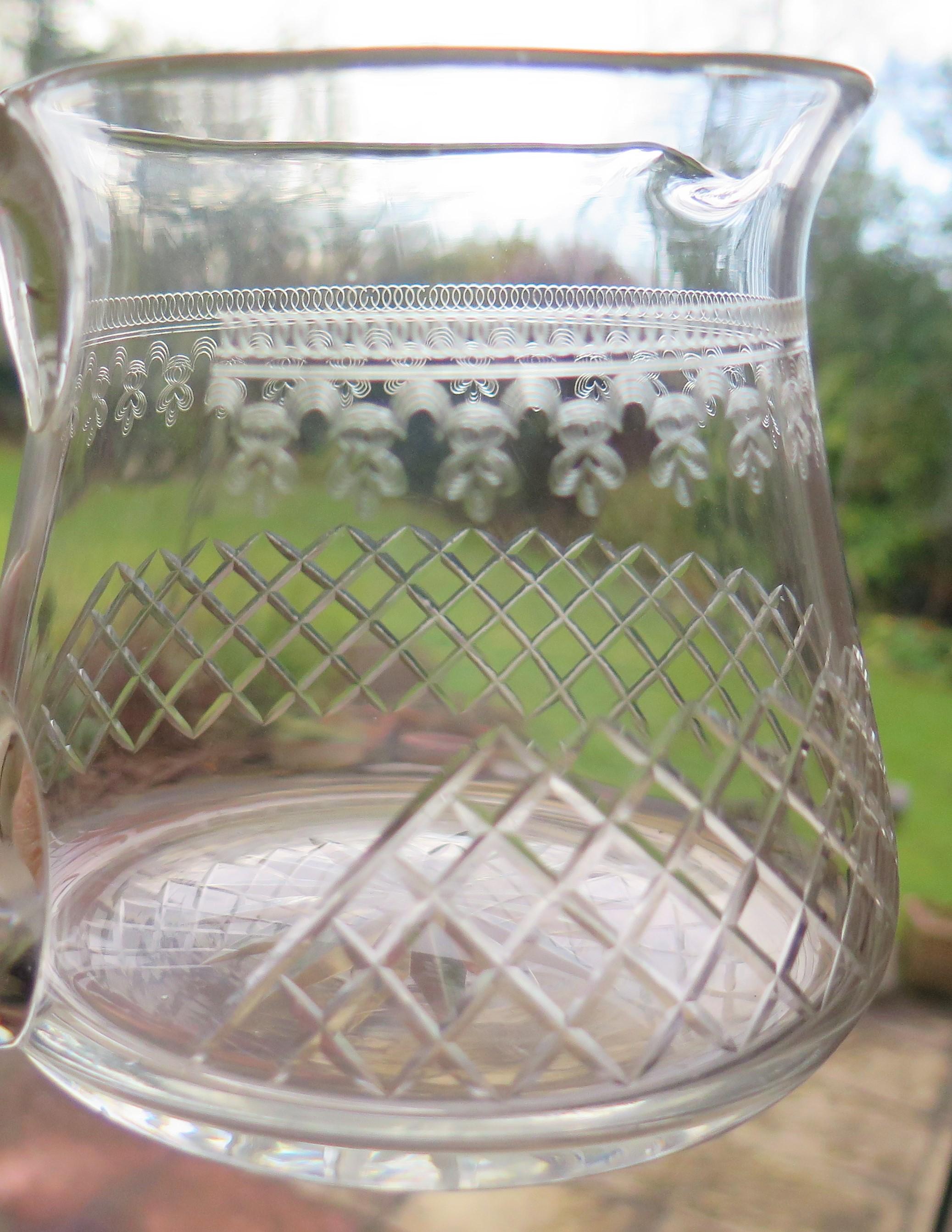Edwardian Water Jug or Pitcher Crystal Lead Glass Cut and Engraved Holds 1.5 Pt 2