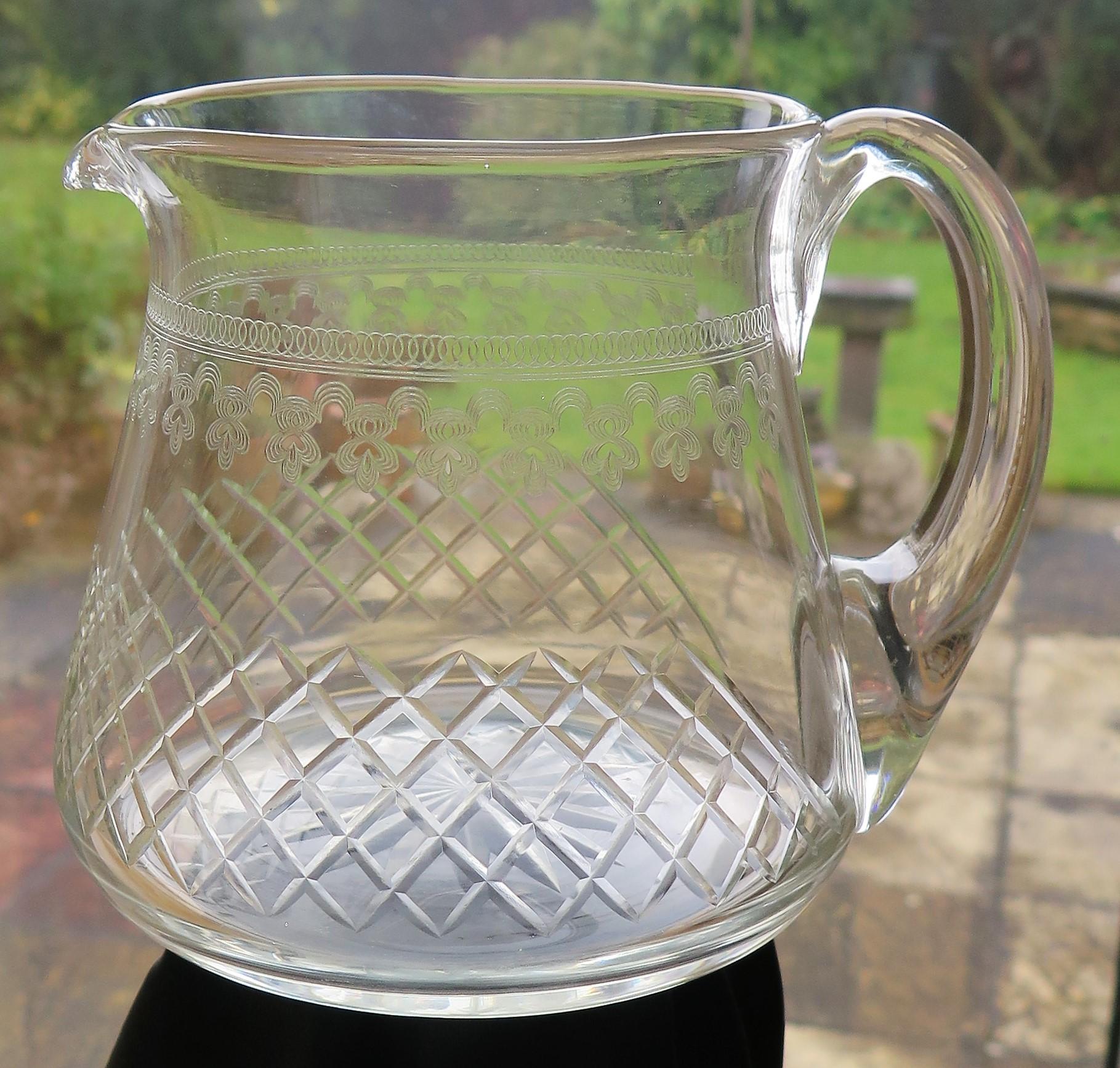 English Edwardian Water Jug or Pitcher Crystal Lead Glass Cut and Engraved Holds 1.5 Pt