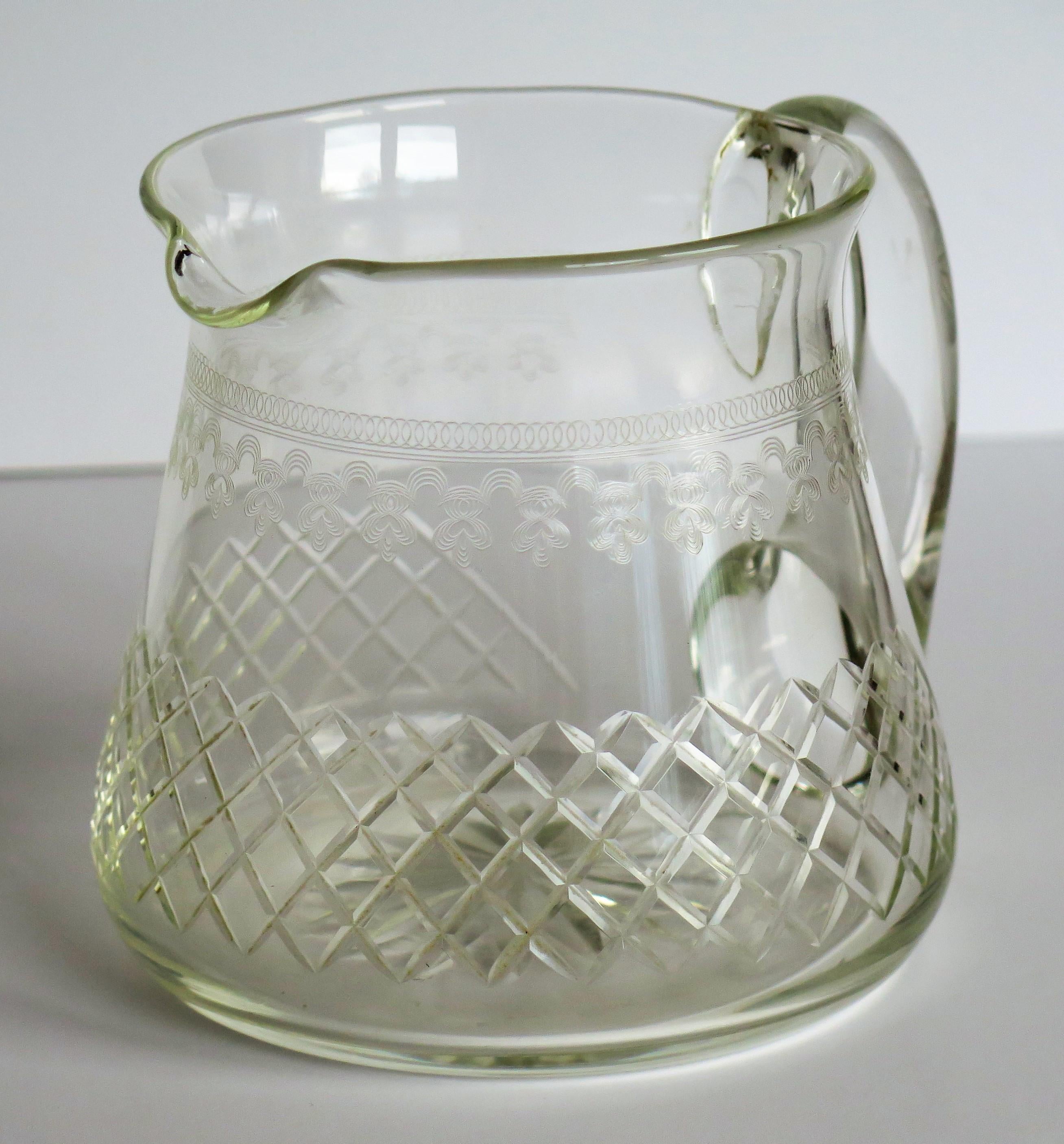 Edwardian Water Jug or Pitcher Crystal Lead Glass Cut and Engraved Holds 1.5 Pt In Good Condition In Lincoln, Lincolnshire