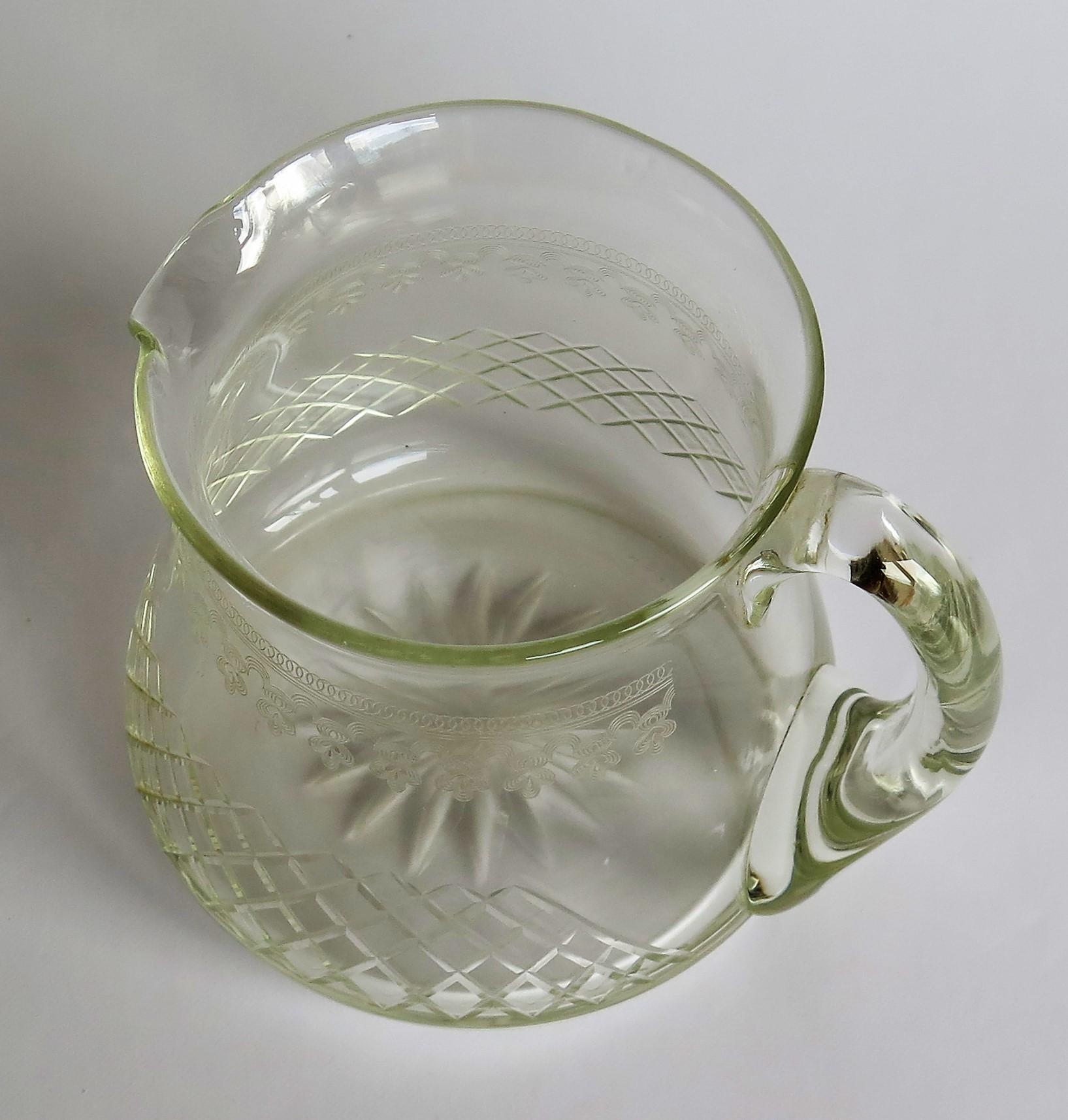 20th Century Edwardian Water Jug or Pitcher Crystal Lead Glass Cut and Engraved Holds 1.5 Pt