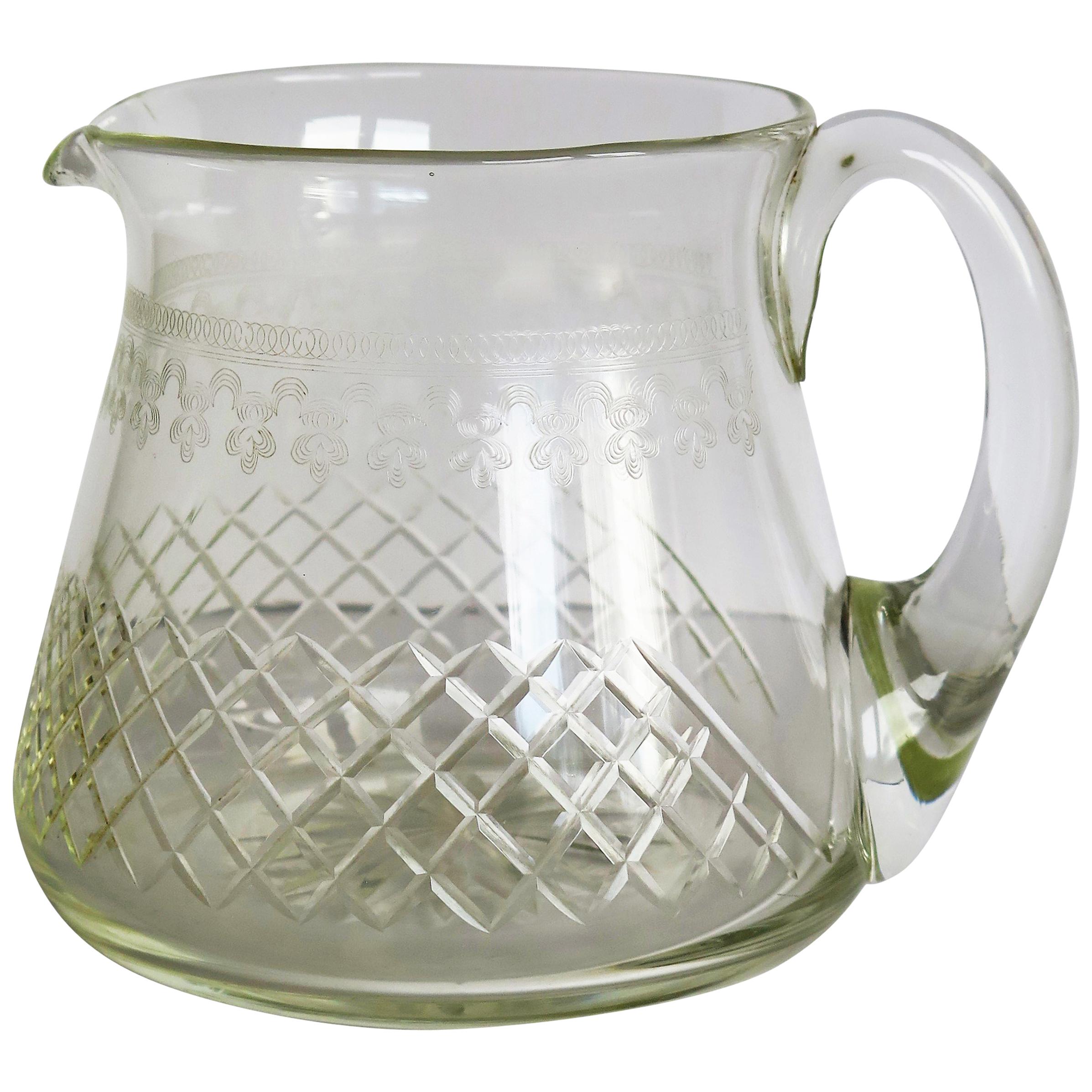 Edwardian Water Jug or Pitcher Crystal Lead Glass Cut and Engraved Holds 1.5 Pt