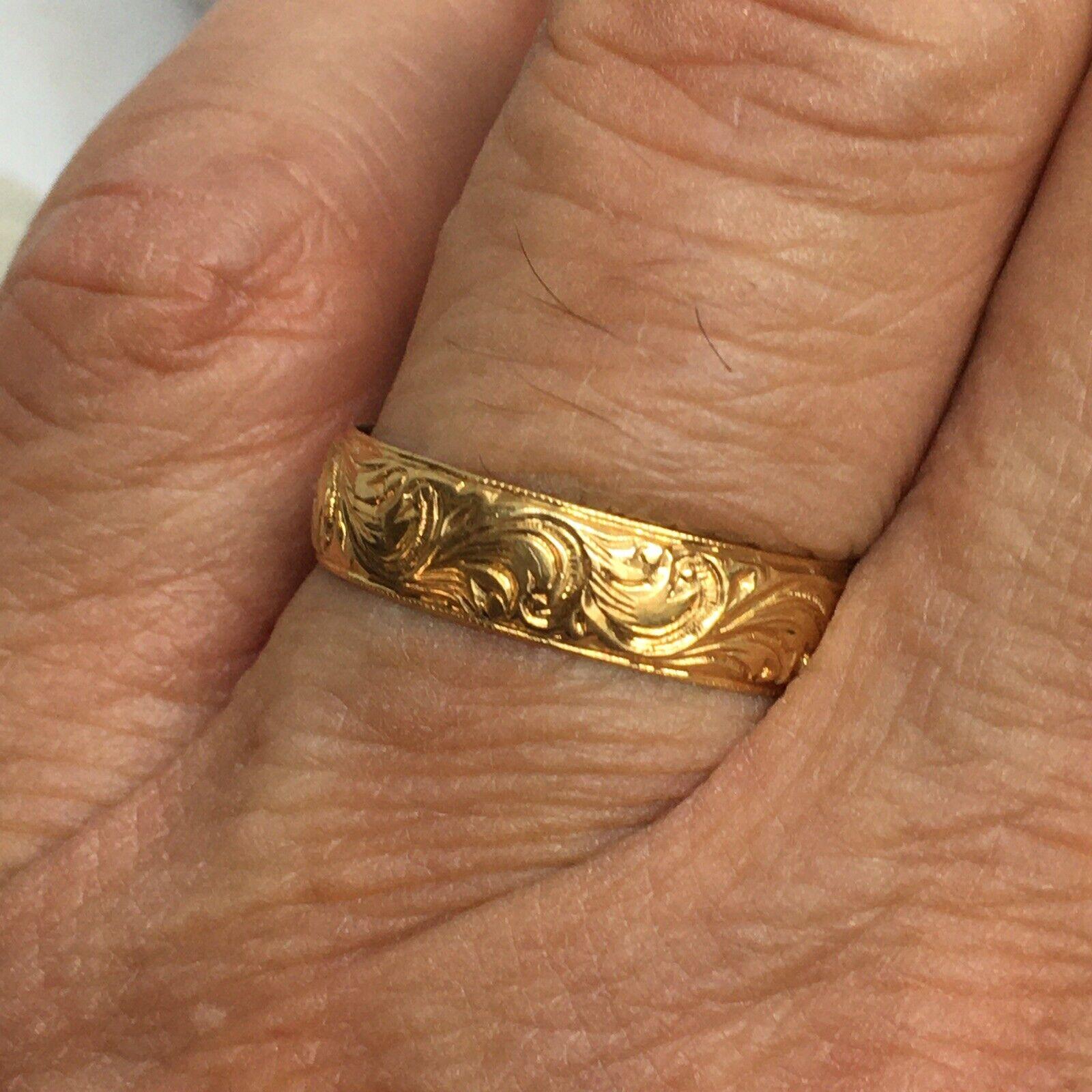Women's or Men's Edwardian Wedding Band Engraved 1908 Handmade Hallmarked 18k Gold