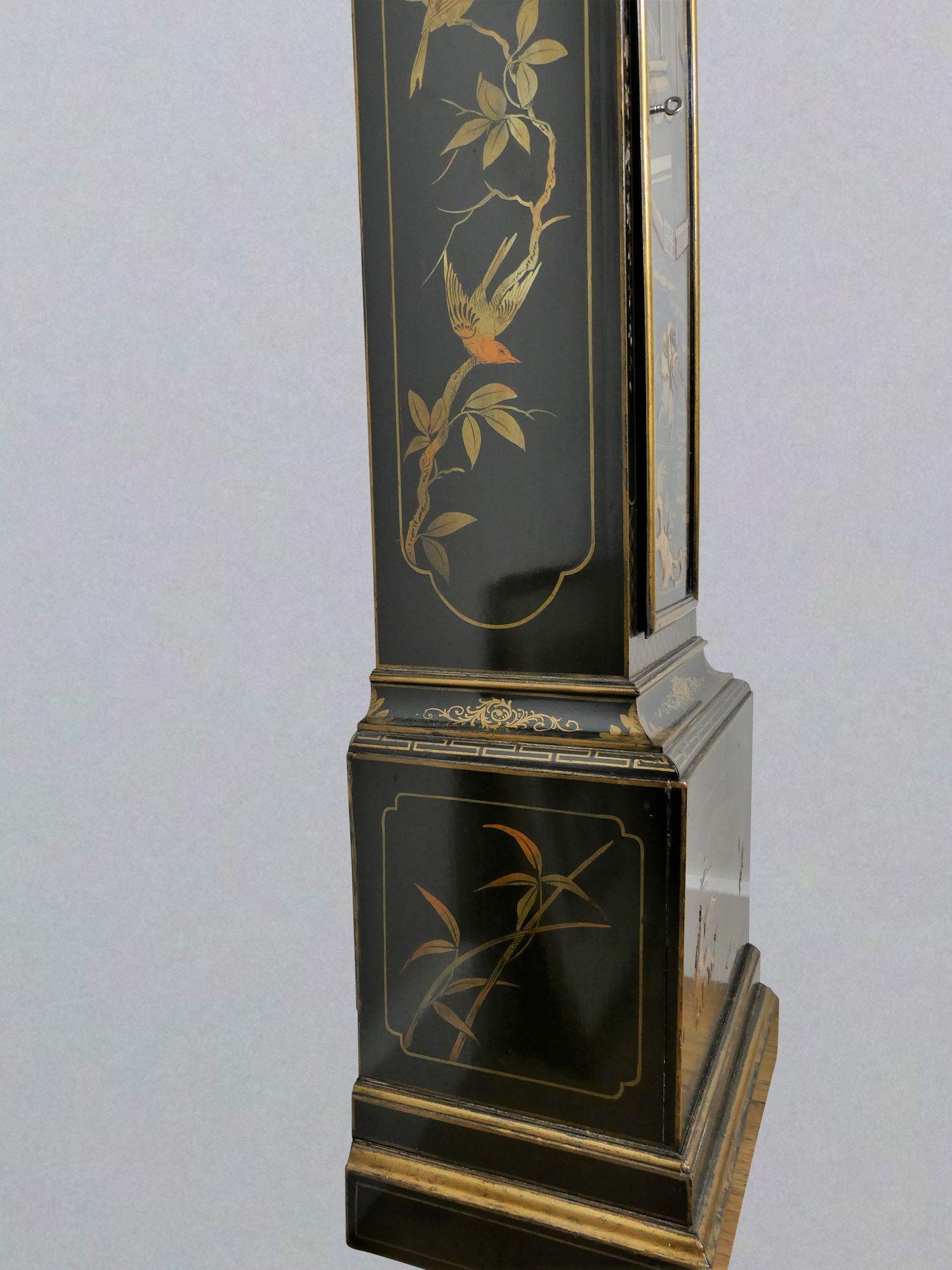 Edwardian Weight Driven Chinoiserie Decorated Grandmother Clock For Sale 3
