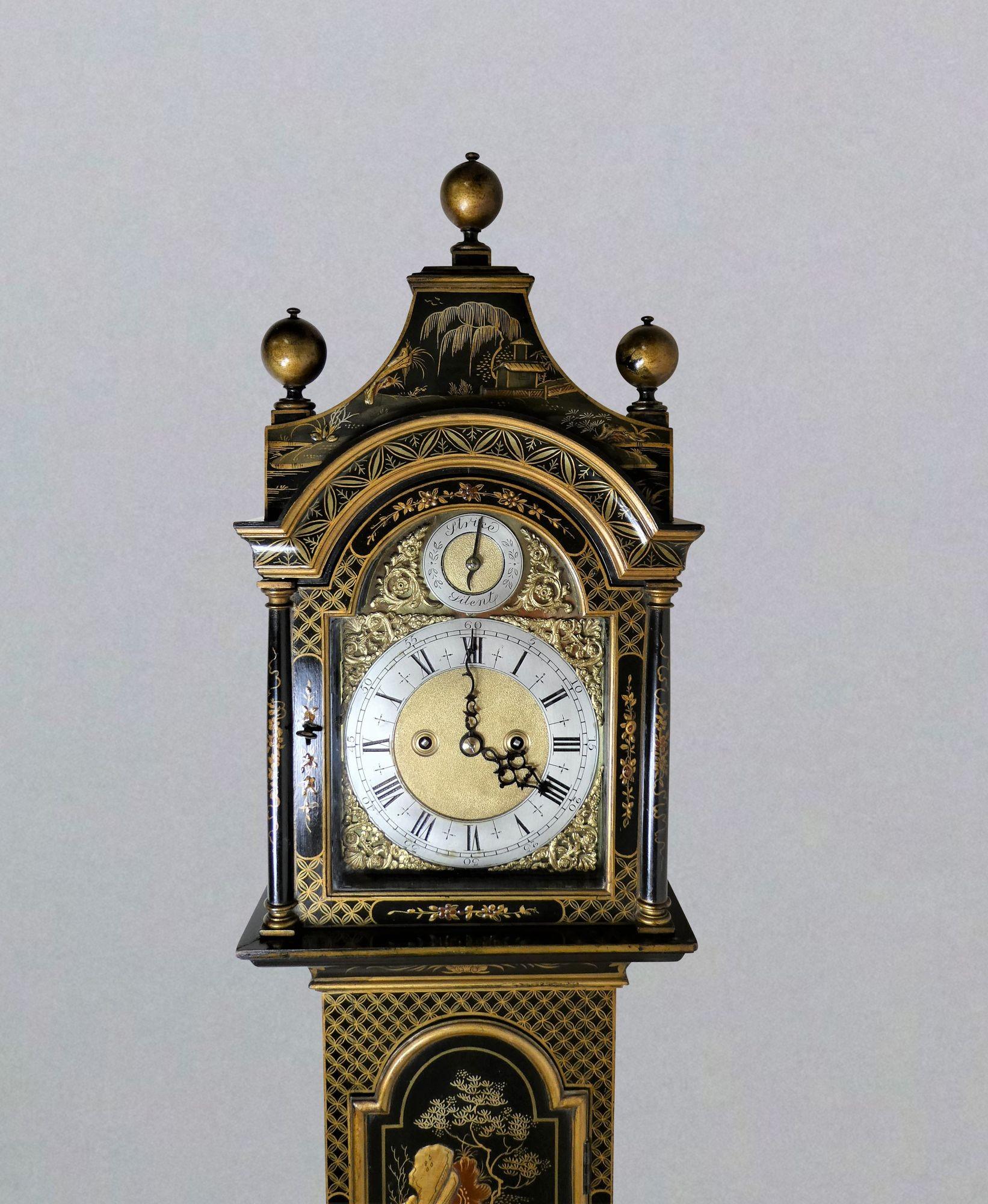 Early 20th Century Edwardian Weight Driven Chinoiserie Decorated Grandmother Clock For Sale
