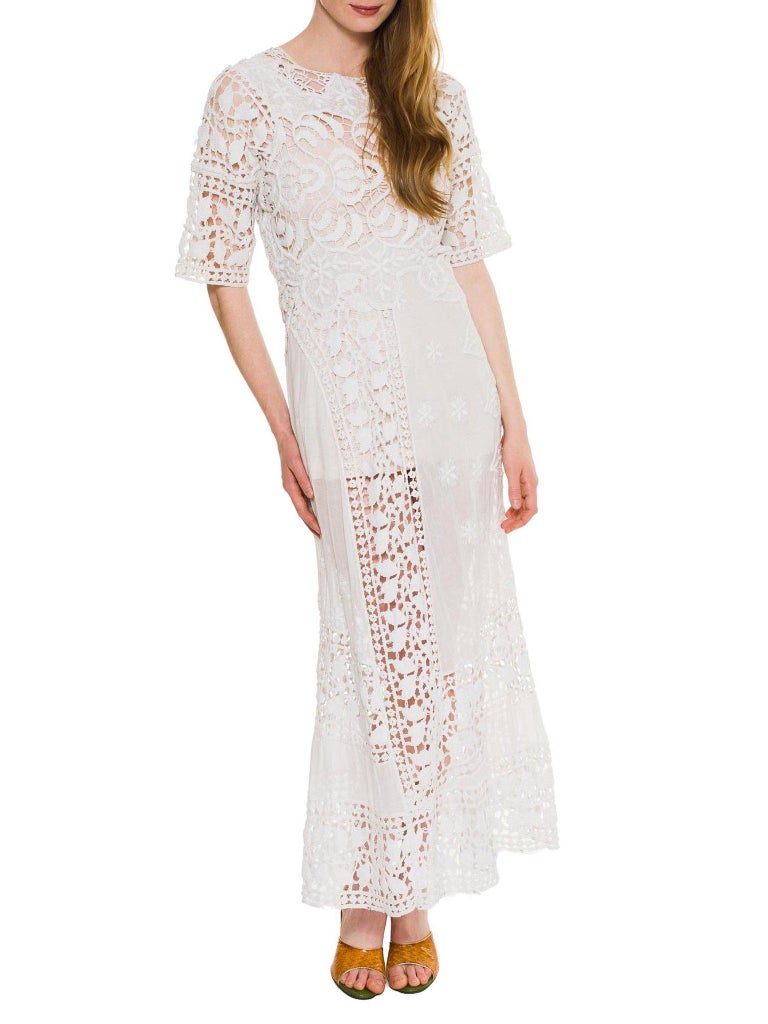 Edwardian White Cotton Asymmetrical Oversized Lace Tea Dress For Sale
