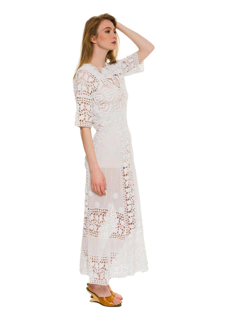 Edwardian White Cotton Asymmetrical Oversized Lace Tea Dress For Sale