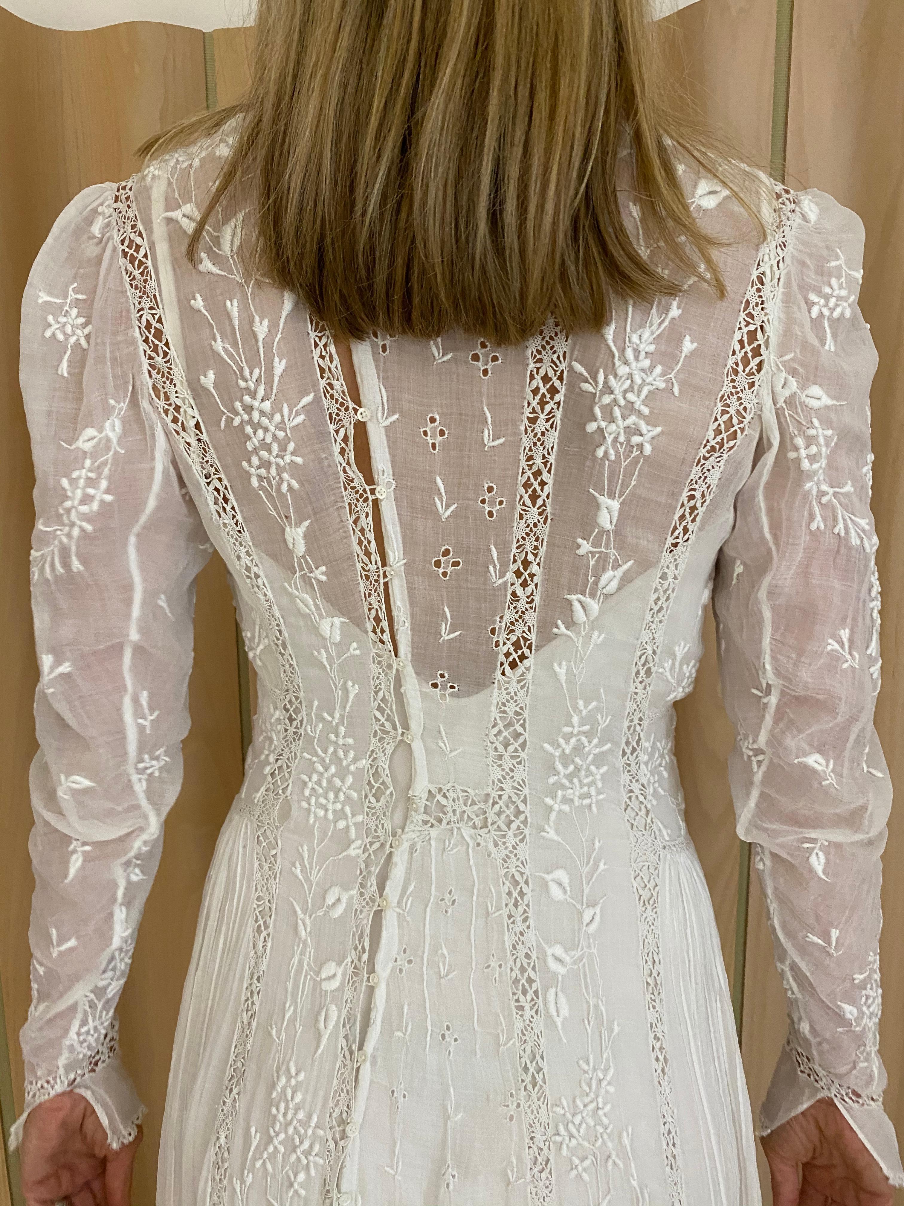 Women's Edwardian White Cotton Embroidered Wedding Dress