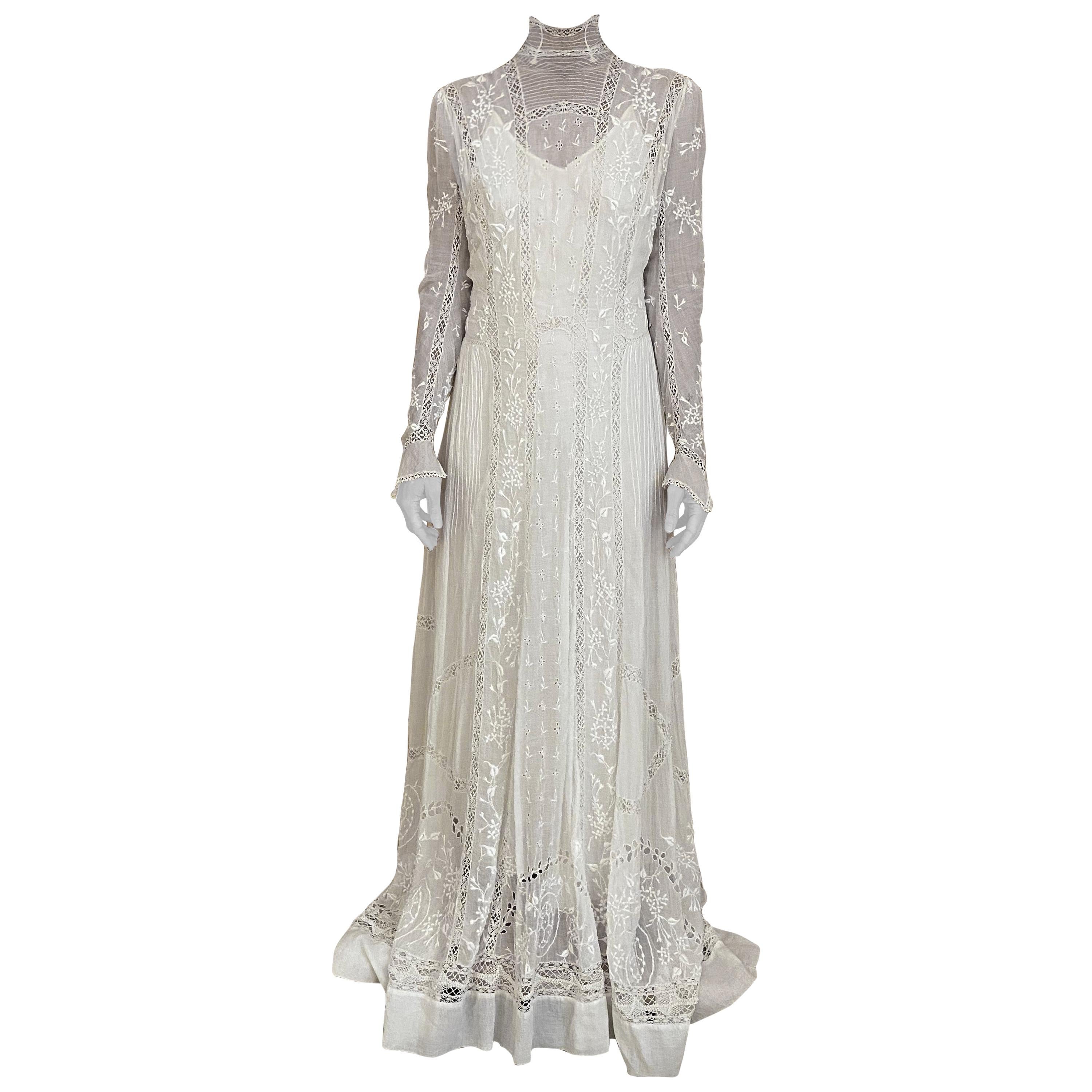 Edwardian White Cotton Embroidered Wedding Dress