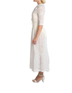 Edwardian White Cotton & Lace Tea Dress With 3-D Flowers