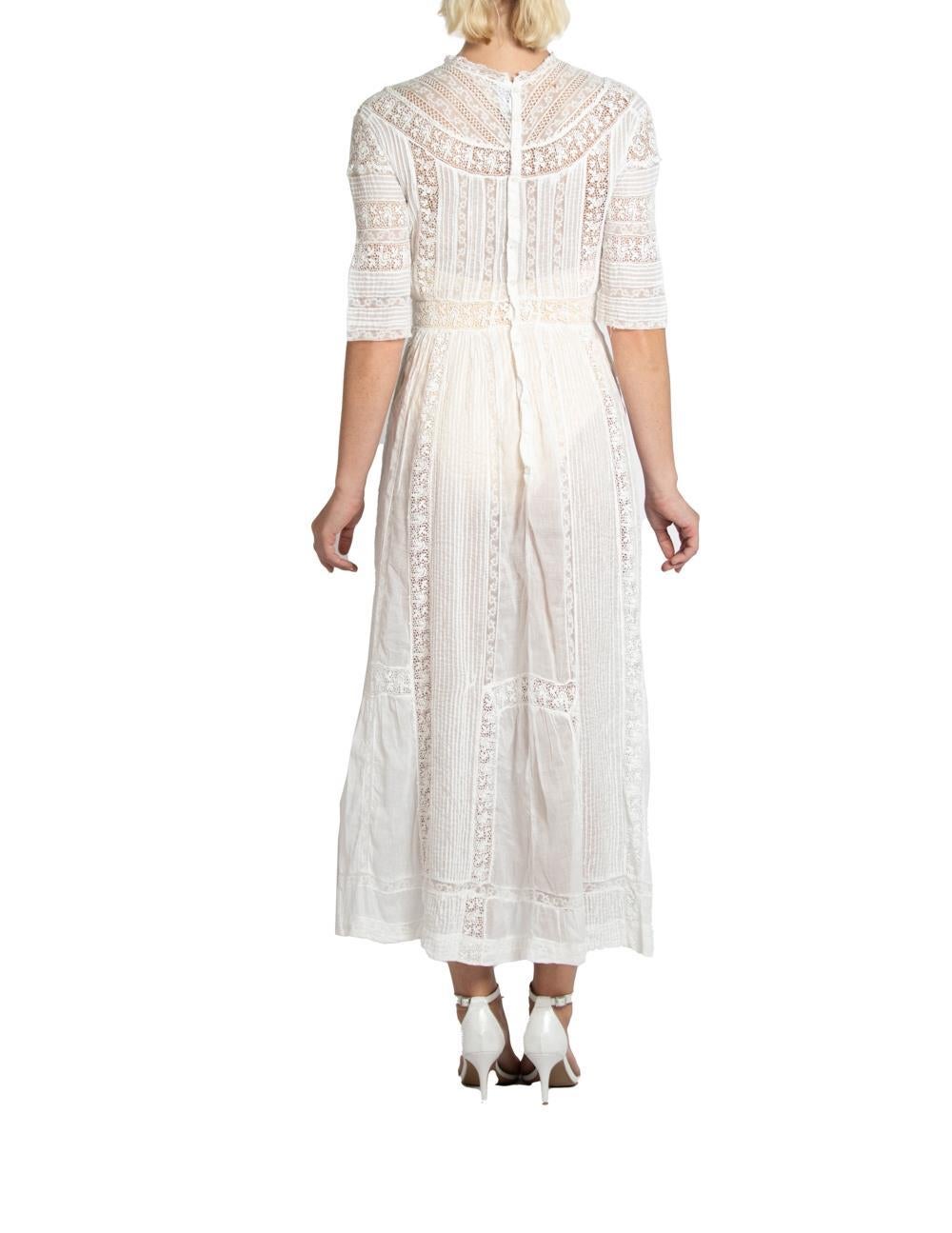 Edwardian White Cotton & Lace Tea Dress With 3-D Flowers For Sale 1