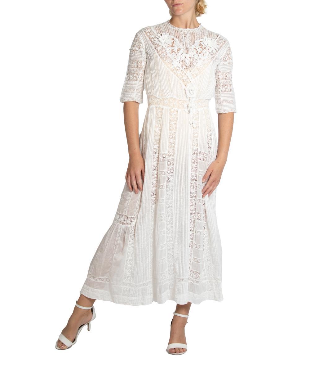 Edwardian White Cotton & Lace Tea Dress With 3-D Flowers For Sale 2