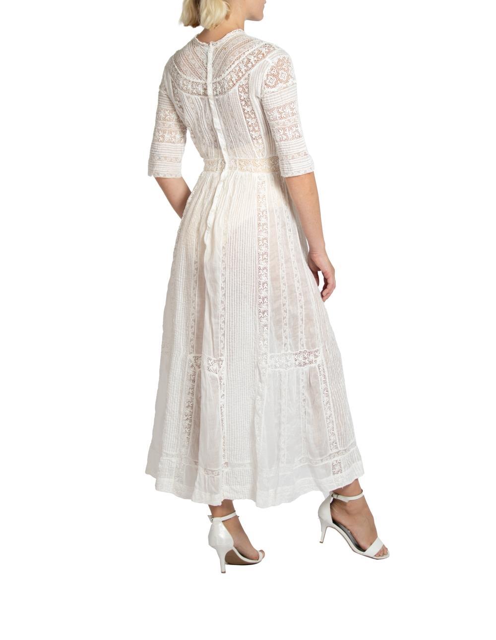 Edwardian White Cotton & Lace Tea Dress With 3-D Flowers For Sale 3