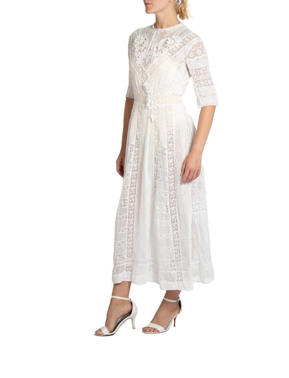Edwardian White Cotton & Lace Tea Dress With 3-D Flowers For Sale 4