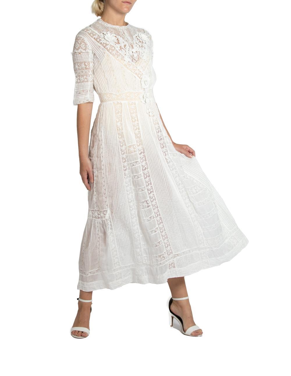 Edwardian White Cotton & Lace Tea Dress With 3-D Flowers For Sale 5