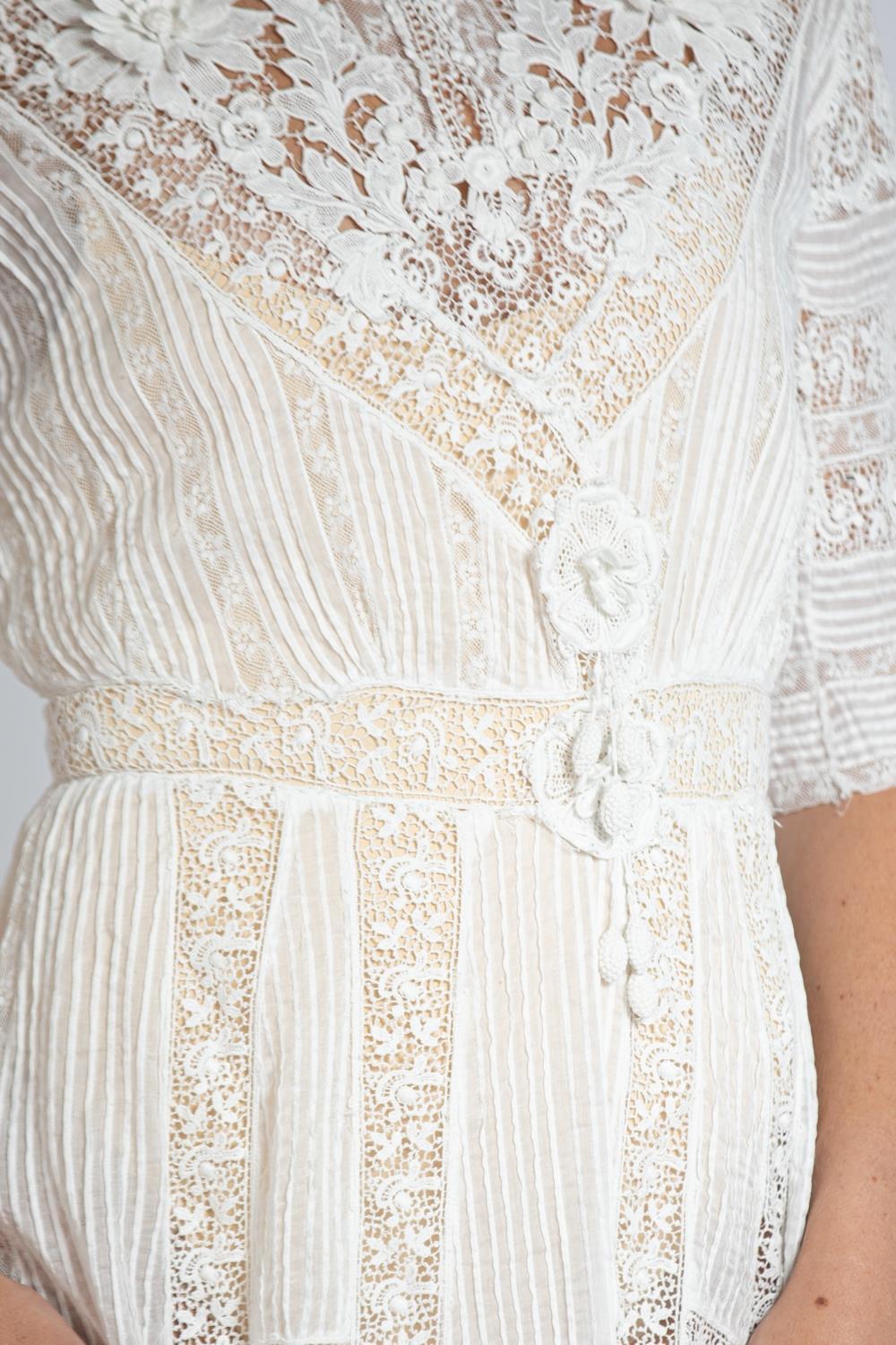 Edwardian White Cotton & Lace Tea Dress With 3-D Flowers For Sale 6