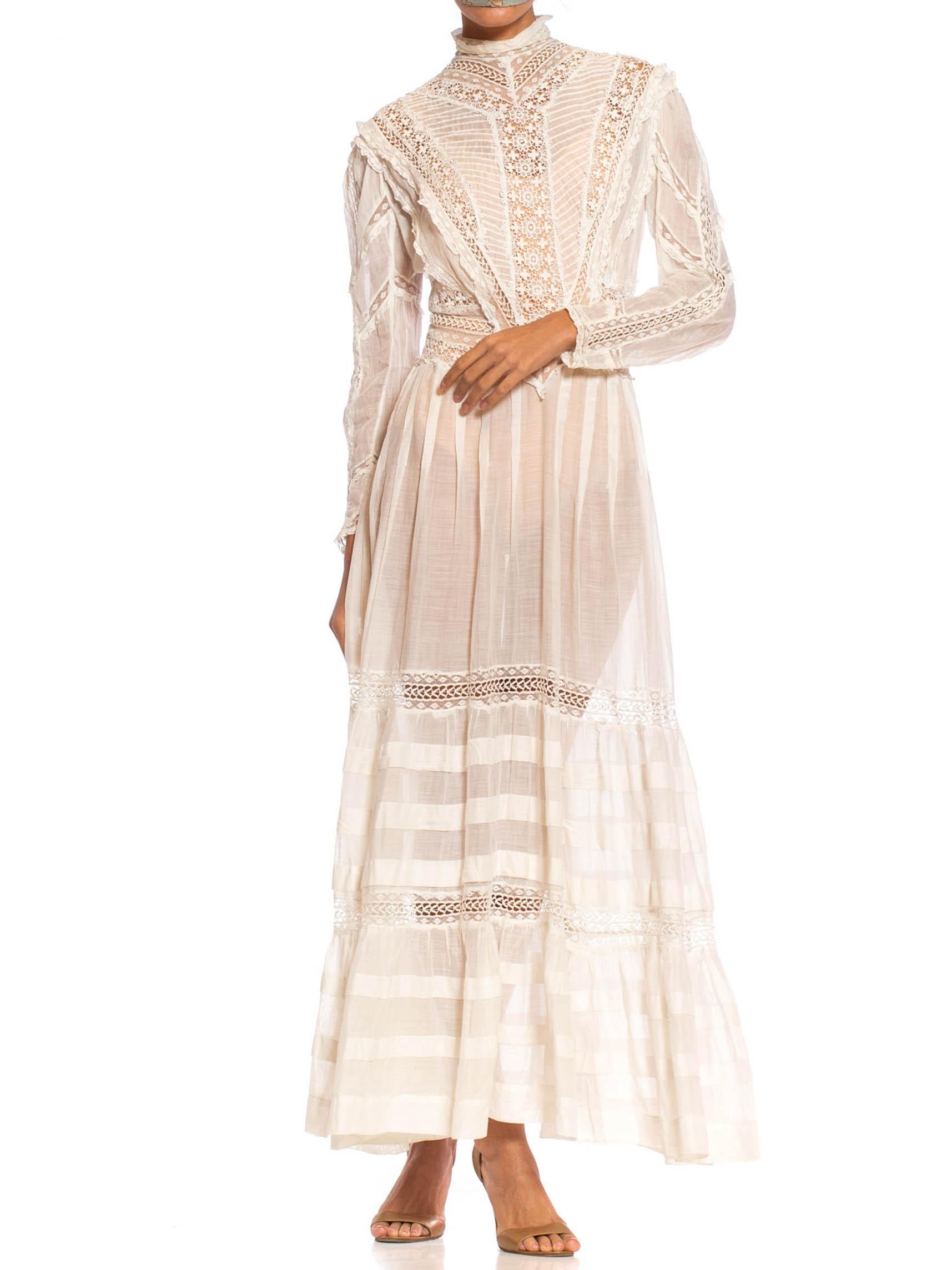 Edwardian White Cotton Voile & Lace Swan Neck Ruffled Long Sleeve Tea Dress 4