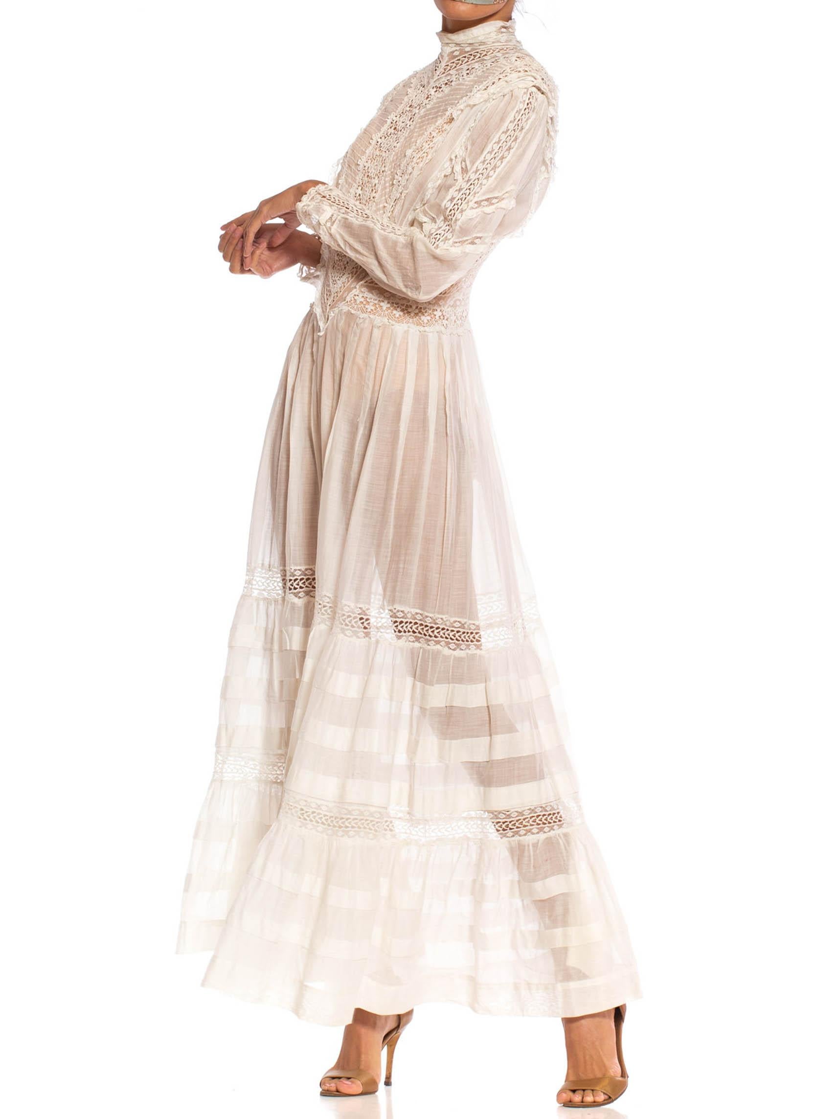 Edwardian White Cotton Voile & Lace Swan Neck Ruffled Long Sleeve Tea Dress 3