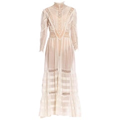 Edwardian White Cotton Voile & Lace Swan Neck Ruffled Long Sleeve Tea Dress