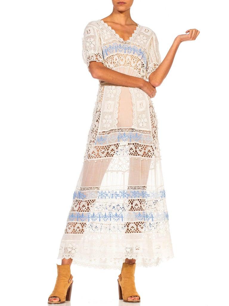 Edwardian White Cotton Voile & Lace Tea Dress With Rare Blue Embroidery For Sale 5