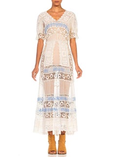 Edwardian White Cotton Voile & Lace Tea Dress With Rare Blue Embroidery
