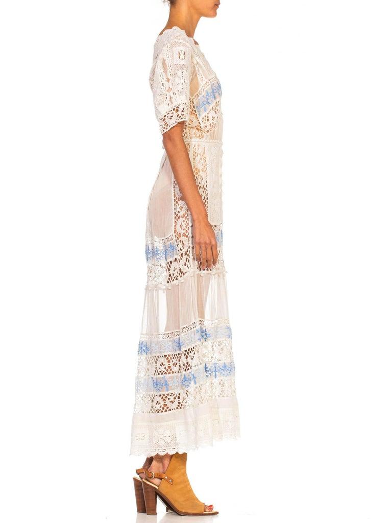 Beige Edwardian White Cotton Voile & Lace Tea Dress With Rare Blue Embroidery For Sale