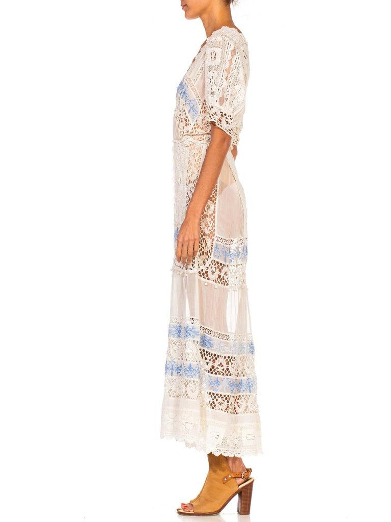 Women's Edwardian White Cotton Voile & Lace Tea Dress With Rare Blue Embroidery For Sale