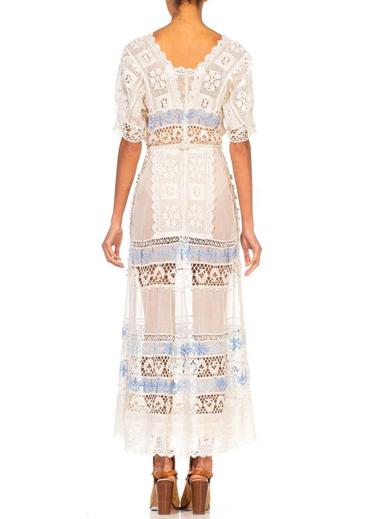 Edwardian White Cotton Voile & Lace Tea Dress With Rare Blue Embroidery For Sale 1