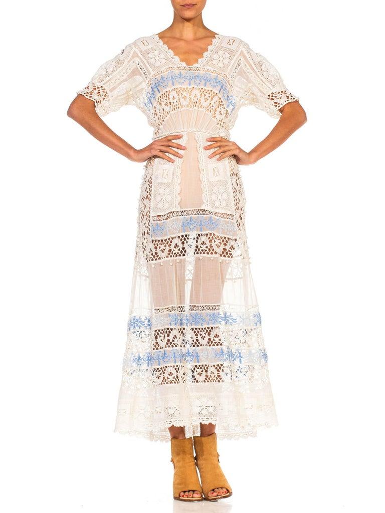 Edwardian White Cotton Voile & Lace Tea Dress With Rare Blue Embroidery For Sale 2