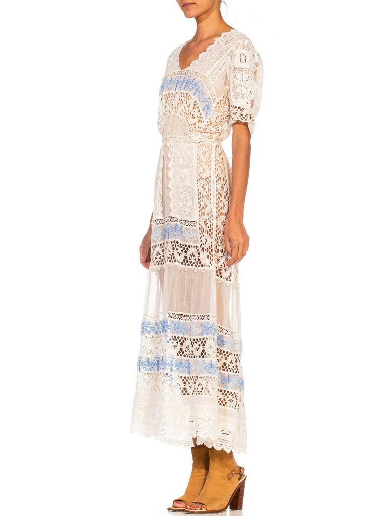 Edwardian White Cotton Voile & Lace Tea Dress With Rare Blue Embroidery For Sale 3