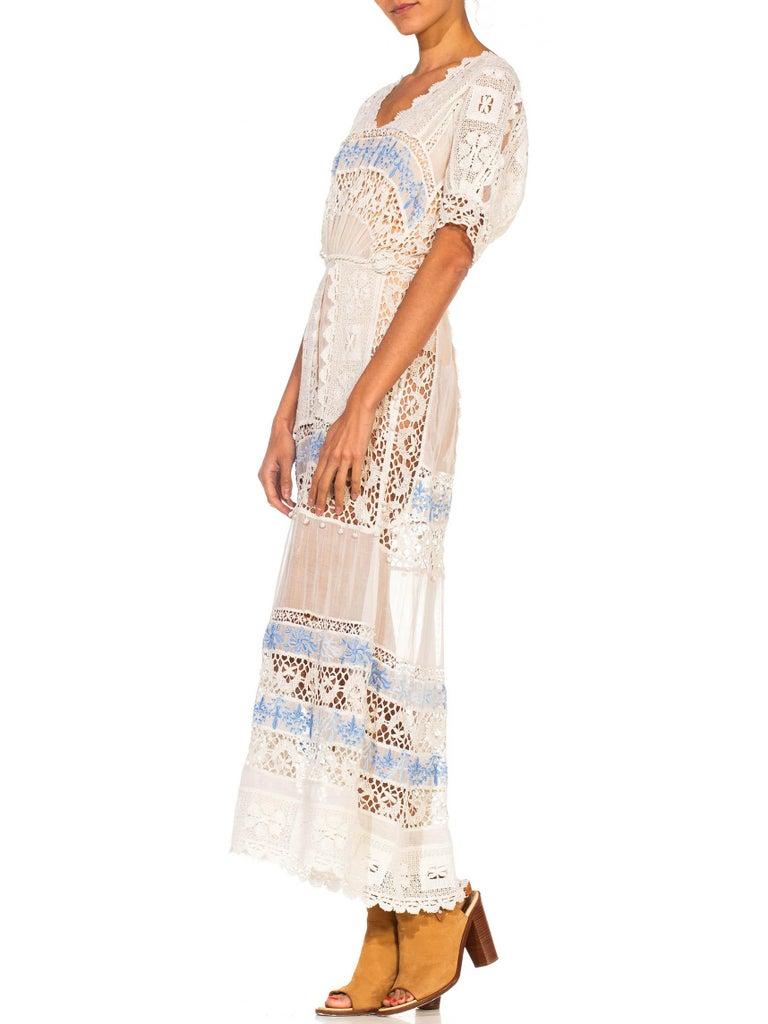 Edwardian White Cotton Voile & Lace Tea Dress With Rare Blue Embroidery For Sale 4