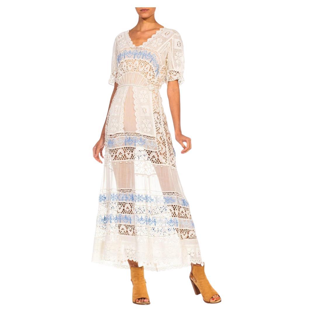 Edwardian White Cotton Voile & Lace Tea Dress With Rare Blue Embroidery For Sale