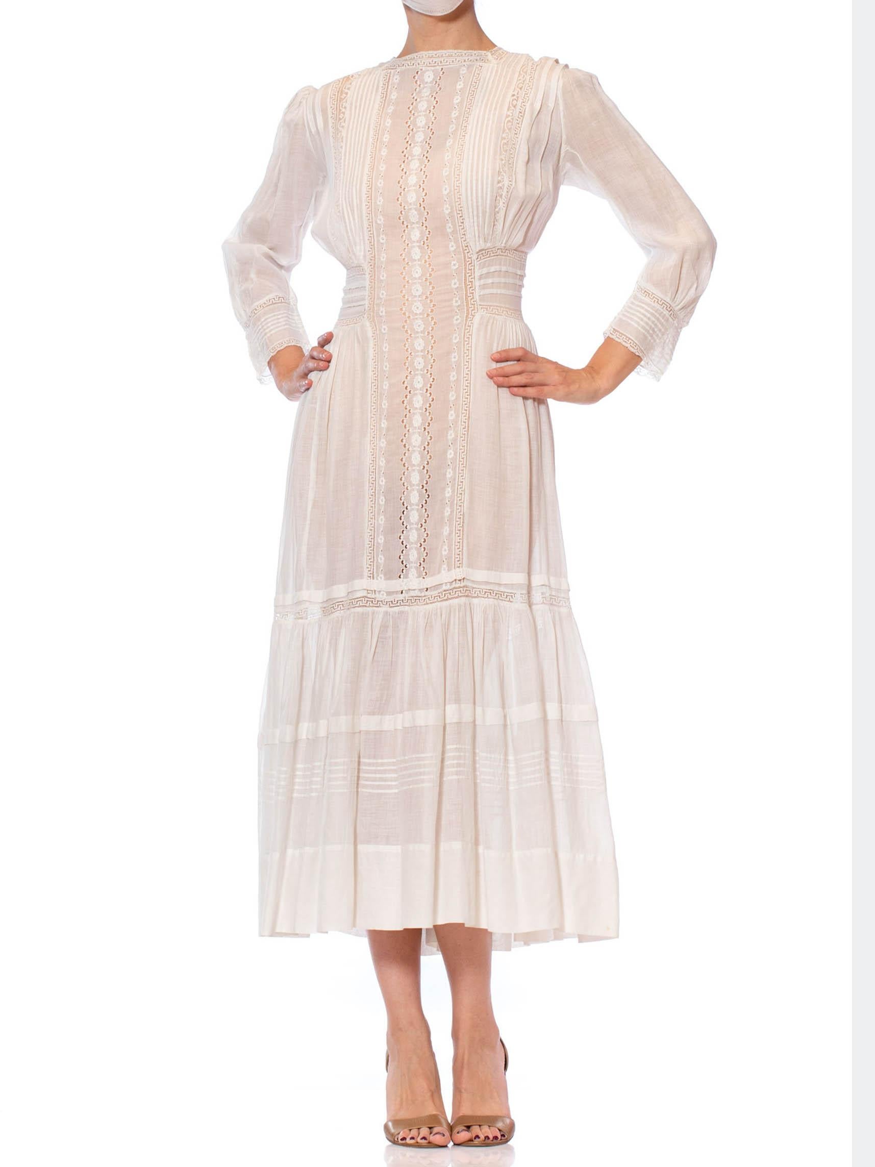 Edwardian White Cotton Voile Midi Length Tea Dress With Greek Key Lace & Long Sleeves