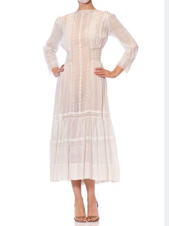 Edwardian White Cotton Voile Midi Length Tea Dress With Greek Key Lace & Long S