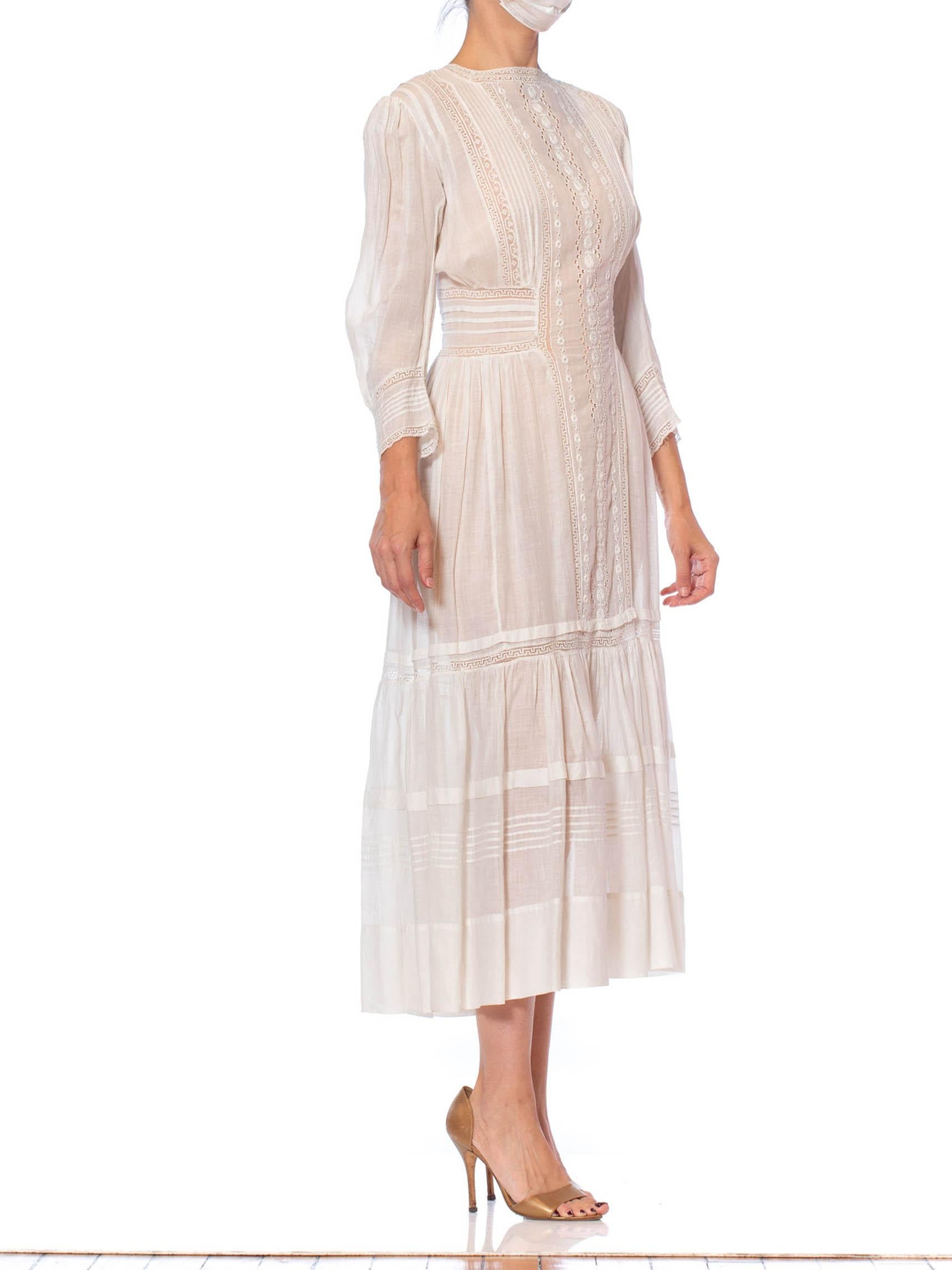 Women's Edwardian White Cotton Voile Midi Length Tea Dress With Greek Key Lace & Long S