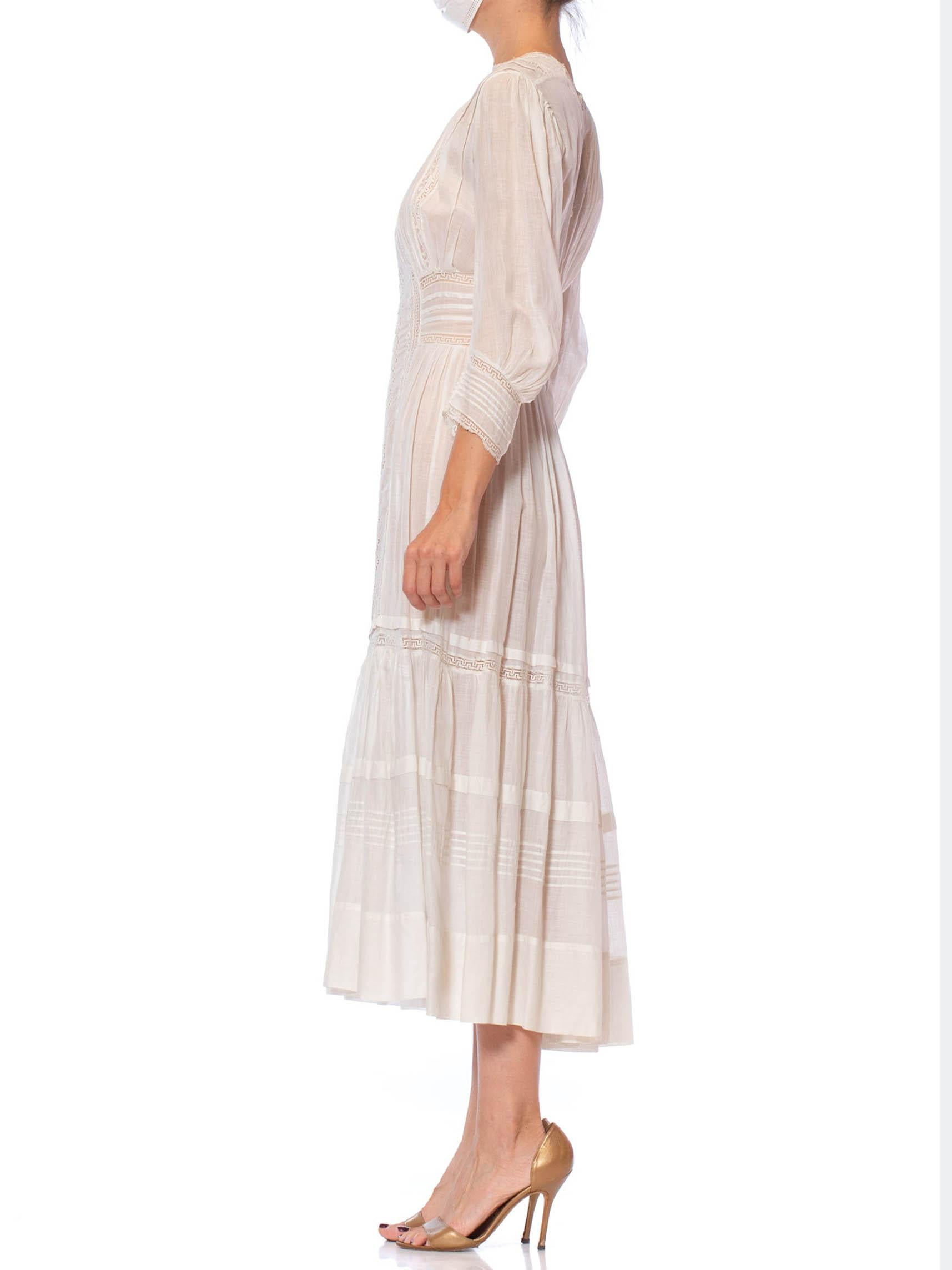 Edwardian White Cotton Voile Midi Length Tea Dress With Greek Key Lace & Long S 1