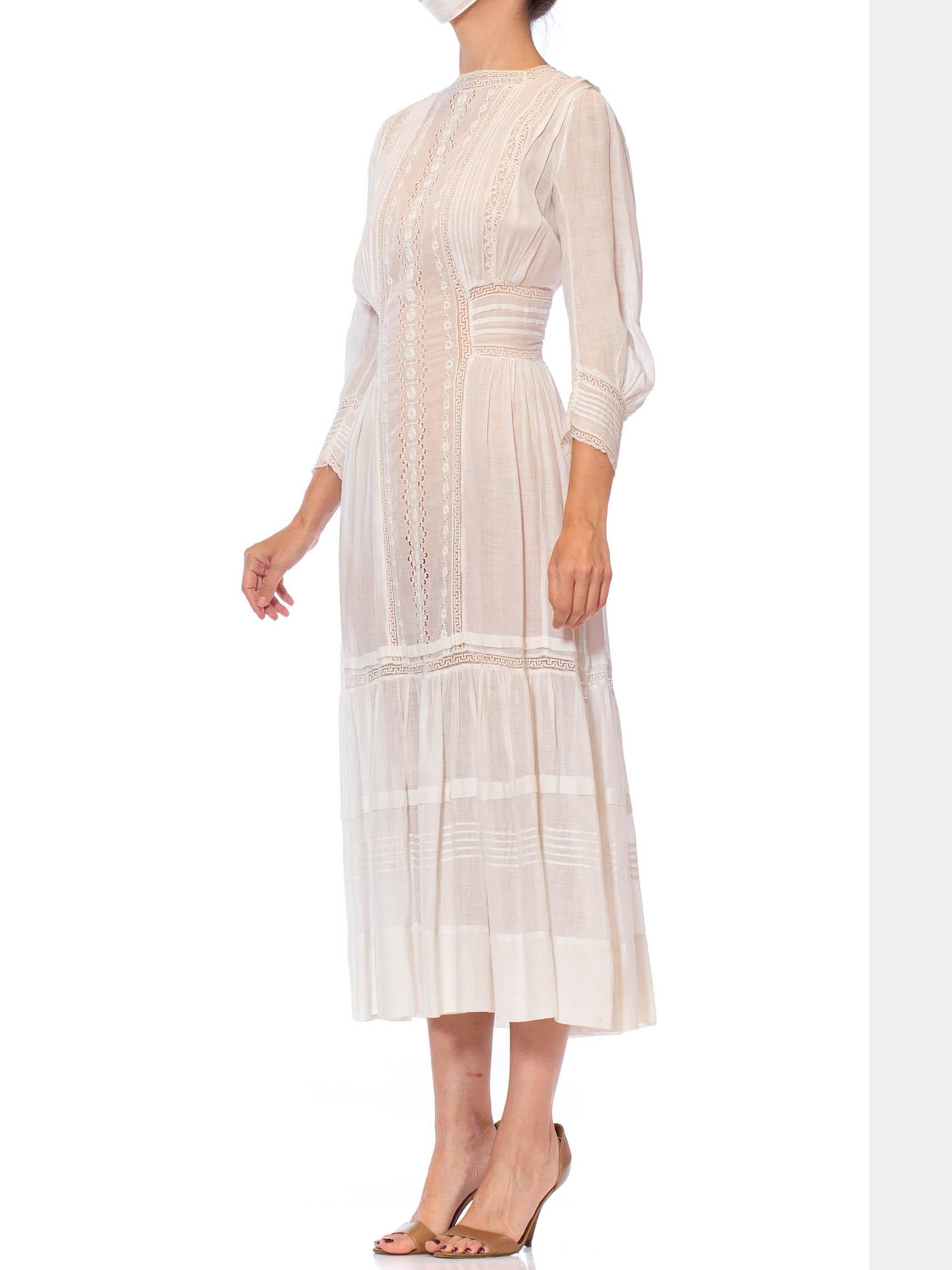Edwardian White Cotton Voile Midi Length Tea Dress With Greek Key Lace & Long S 2