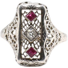 Edwardian White Gold Diamond and Ruby Navette Ring