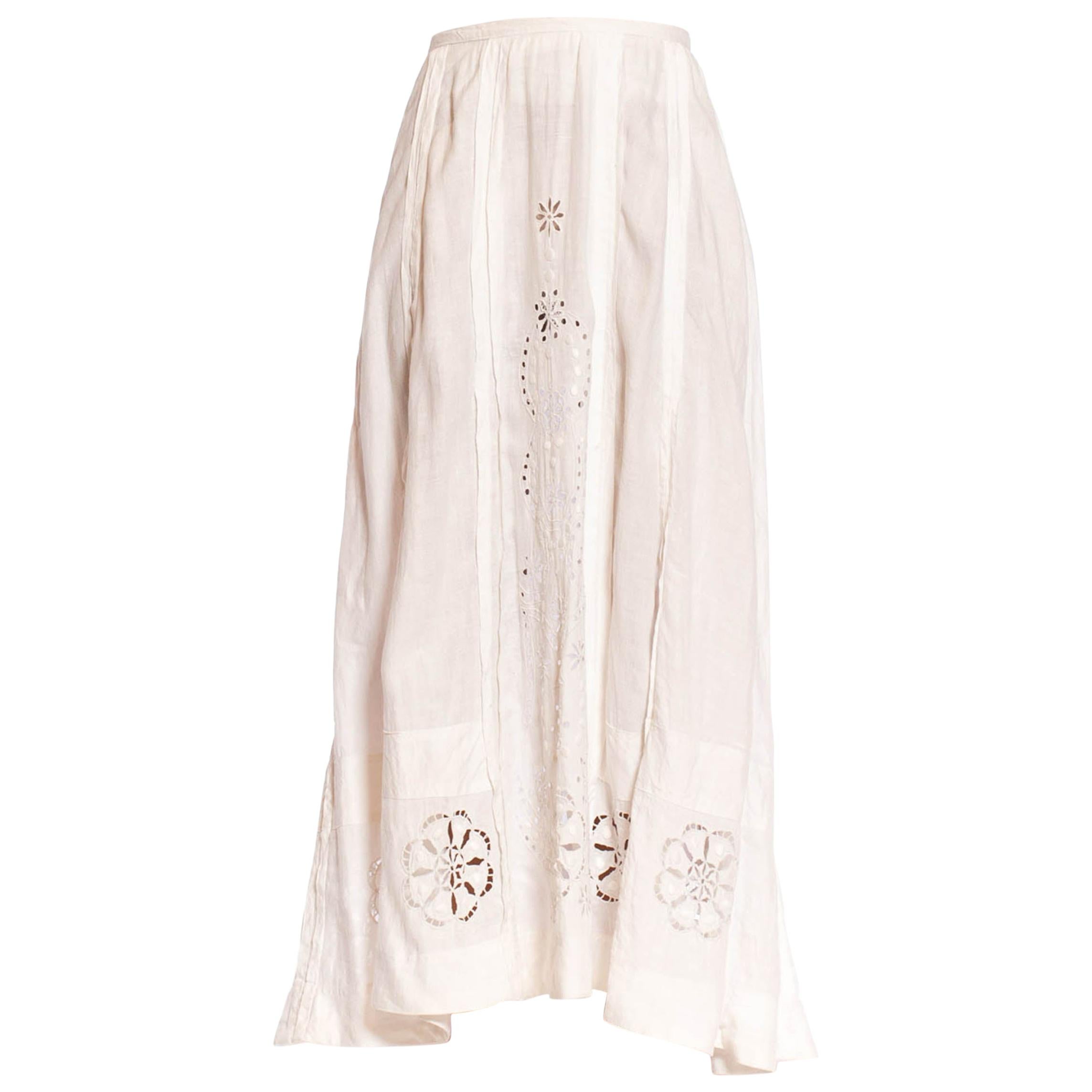 Edwardian White Hand Embroidered Linen Eyelet Lace Skirt at 1stDibs ...