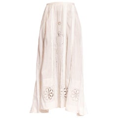 Antique Edwardian White Hand Embroidered Linen Eyelet Lace Skirt