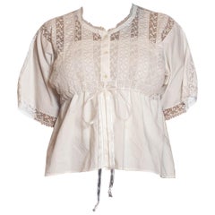 Edwardian White Hand Embroidered Organic Cotton & Lace Drawstring Waist Top