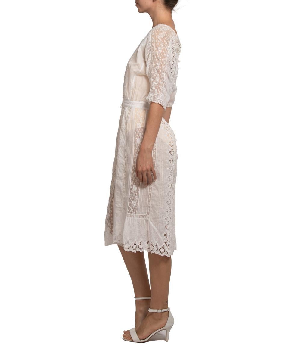 Edwardian White Hand Embroidered Organic Cotton Victorian Lace Tea Dress In Excellent Condition For Sale In New York, NY