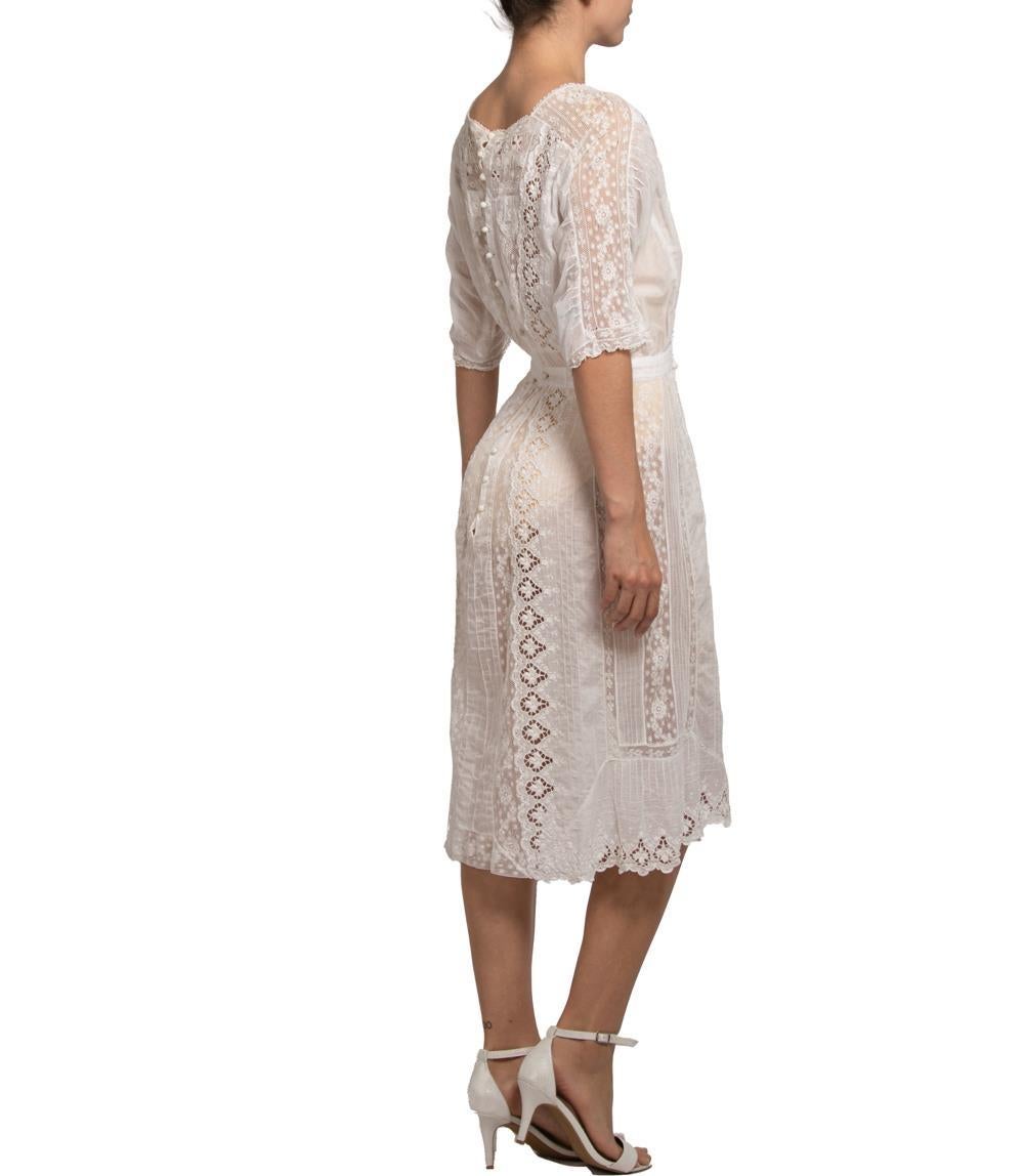 Women's Edwardian White Hand Embroidered Organic Cotton Victorian Lace Tea Dress For Sale