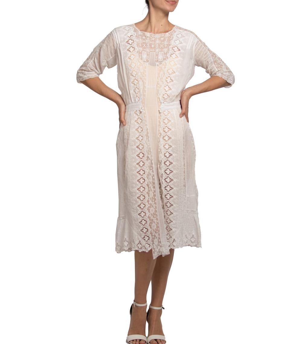 Edwardian White Hand Embroidered Organic Cotton Victorian Lace Tea Dress For Sale 2