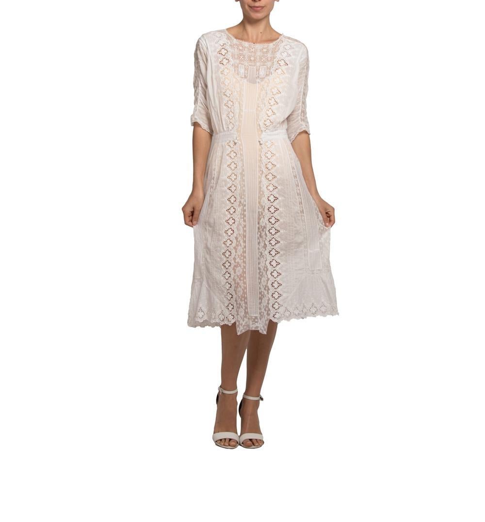 Edwardian White Hand Embroidered Organic Cotton Victorian Lace Tea Dress For Sale 3