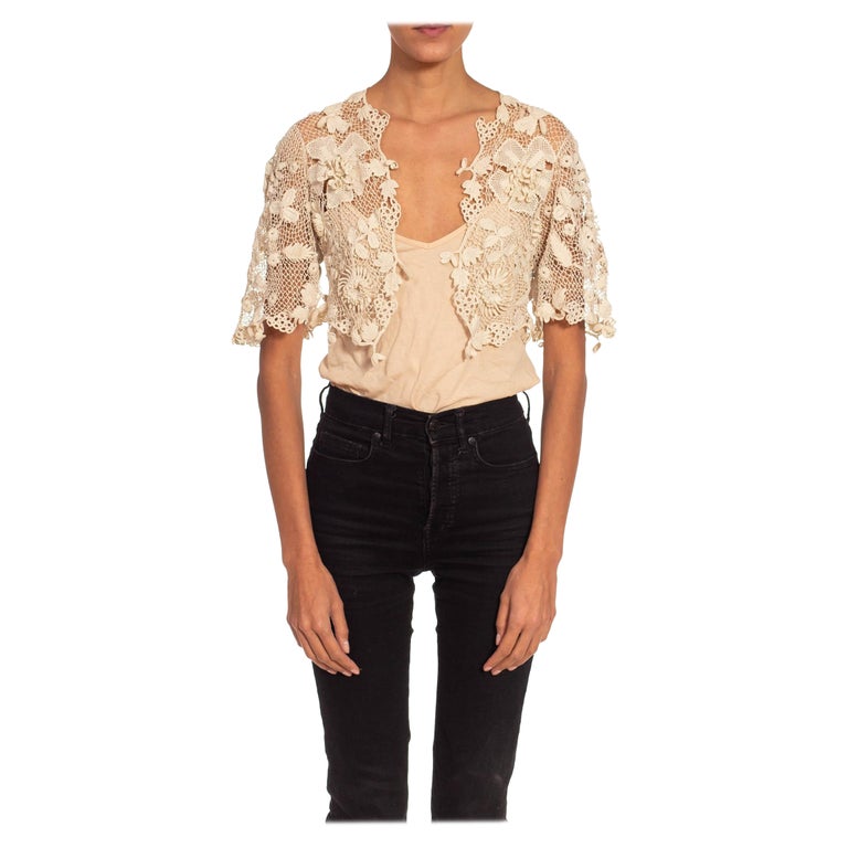 Edwardian White Handmade Lace Irish Crochet Jacket With Dragonfly