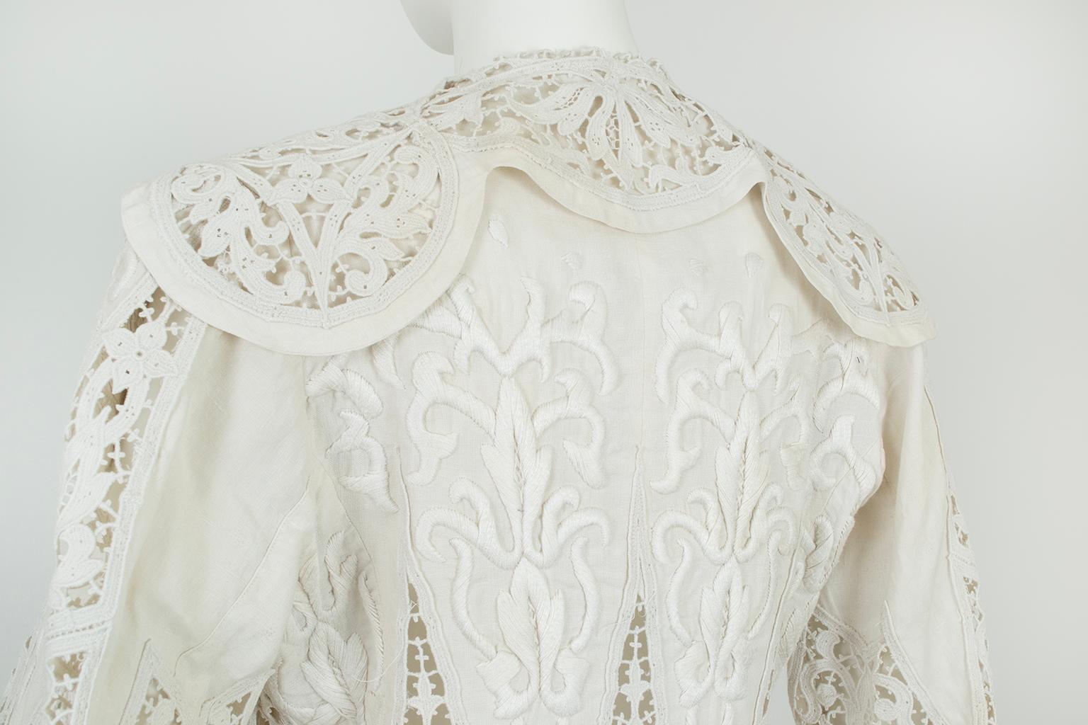 Edwardian White Irish Crochet und Baumwolle Walking oder Hochzeit Anzug - L, 1900s im Angebot 6