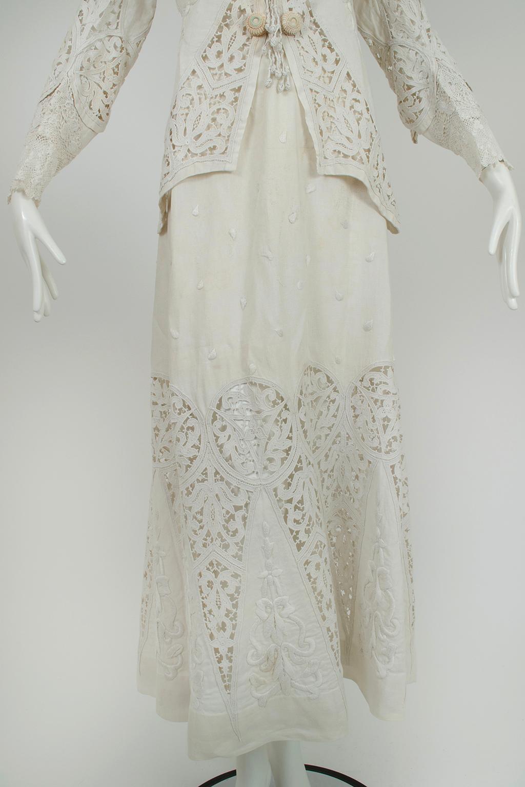 Edwardian White Irish Crochet and Cotton Walking or Wedding Suit – L, 1900s For Sale 5