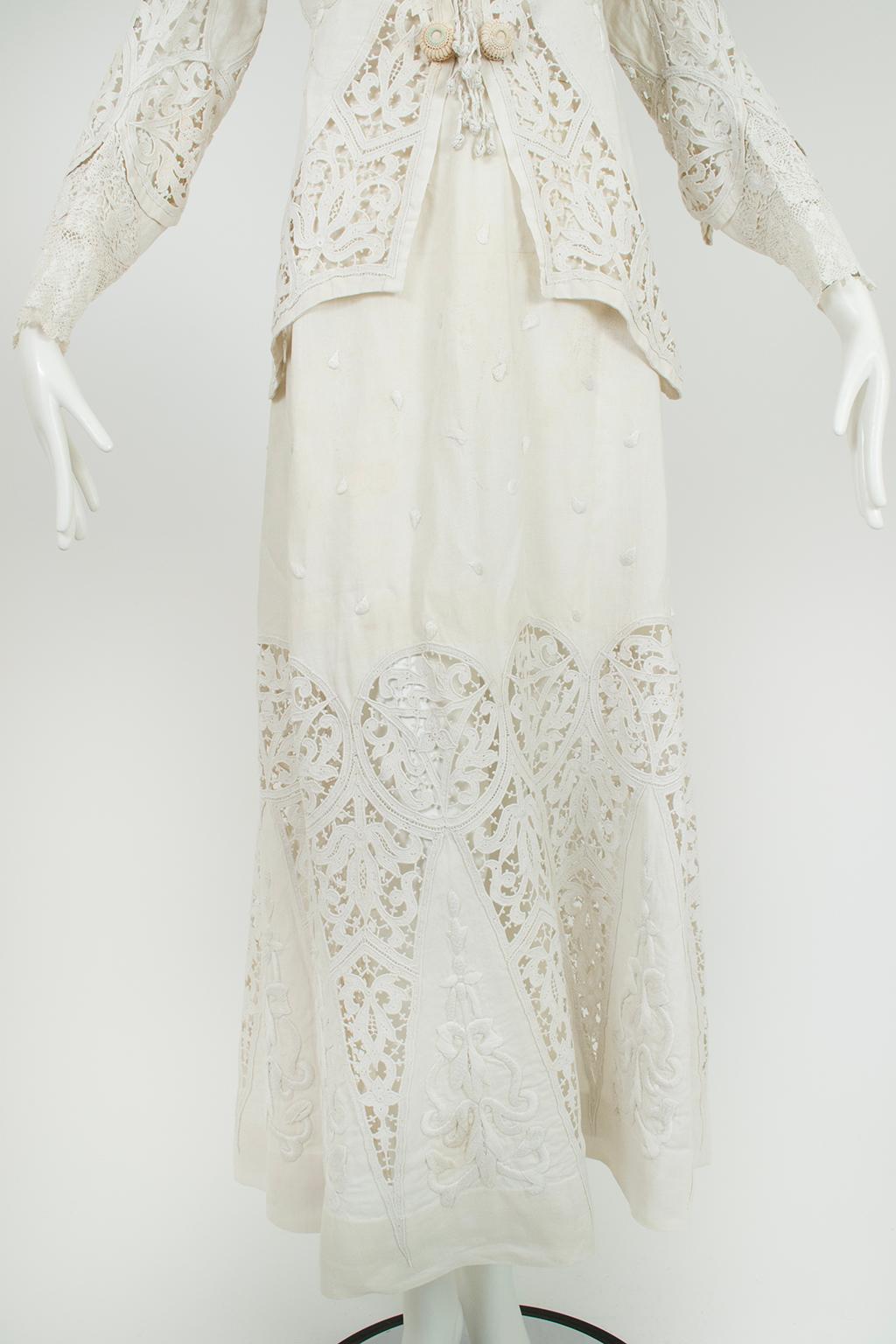 Costume de marche ou de mariage en coton et crochet irlandais blanc de l'époque édouardienne - L, années 1900 en vente 7