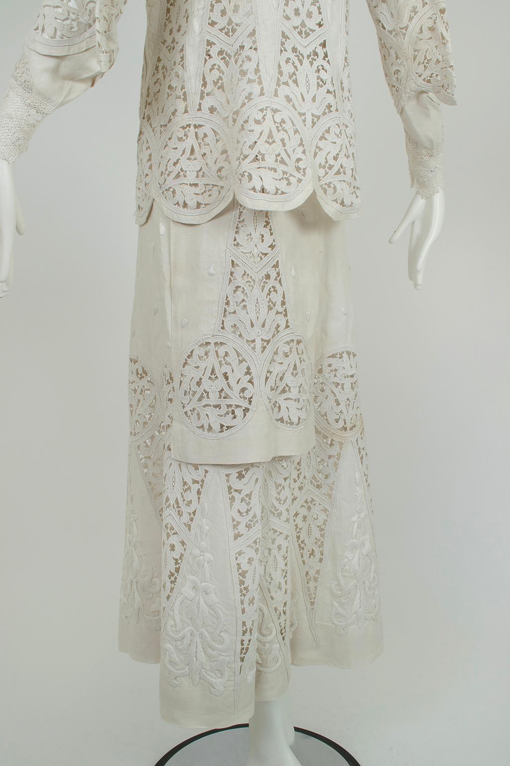 Edwardian White Irish Crochet and Cotton Walking or Wedding Suit – L, 1900s For Sale 6